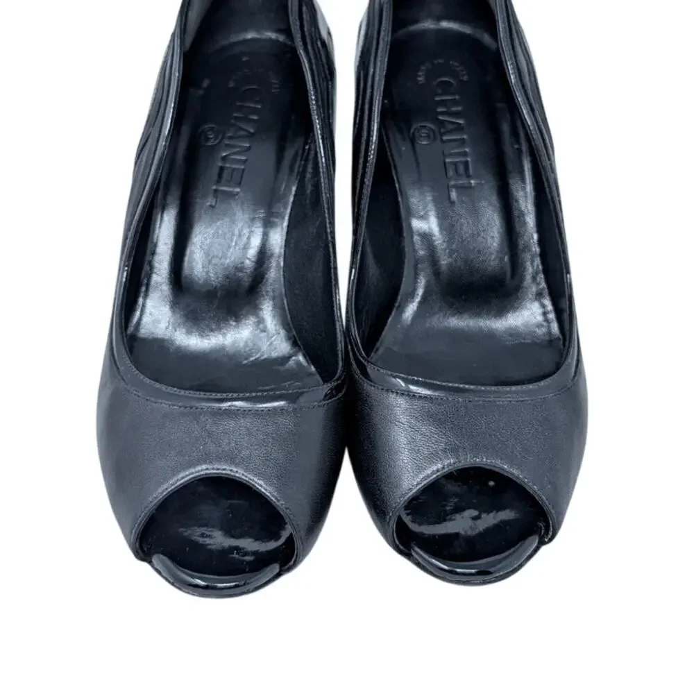 Chanel Black Leather Patent CC Logo Peep Toe Pumps Heels 36